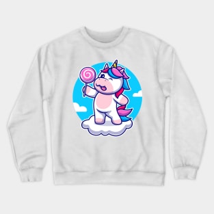 Cute Unicorn Holding Candy On Cloud Cartoon Crewneck Sweatshirt